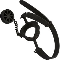 Cal Exotics Silicone Stopper Gag. The gag is a large, open circle that fits into the mouth. Hanging from this circle is a chain that holds a "stopper" on the end of it - like a drain stopper. This can be fitting into the open hole of the gag to "close" it.