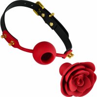 ZALO Rose Ball Gag. Gag is made from red silicone with a black head band. The ball gag in the front has a large hole in it where a removable faux rose is slid into the gag.