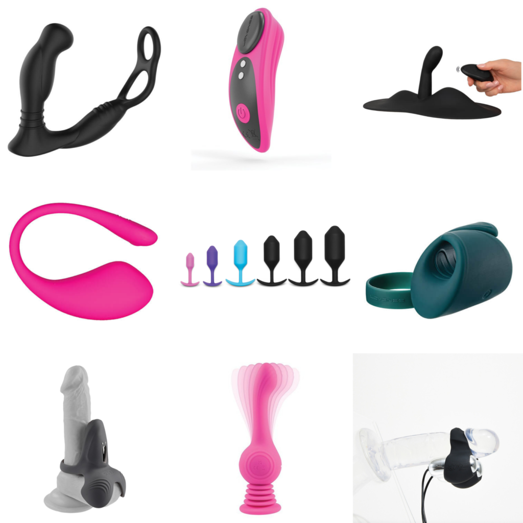 A collage of 9 different sex toys that can be used for hands-free pleasure. Put together for my "How to Use Sex Toys Hands Free" article. All toys included are listed below the image in text. 