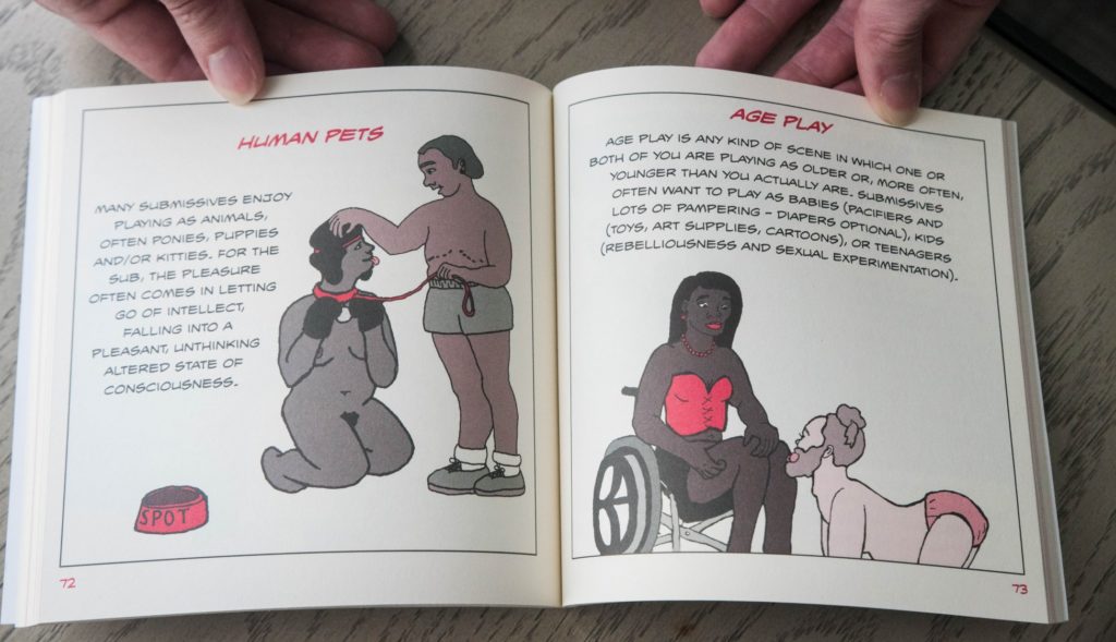 Sexually Dominant Woman Book Review. Page title on the left says Human Pets while page title on the right says "Age Play". Both have illustrations on the page of two people enjoying the pictured kink.