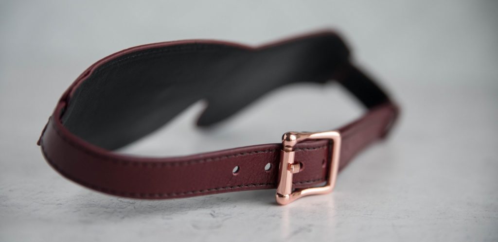 Display image for my Liebe Seele Wine Red Leather Blindfold Review which shows a close-up of the buckle on this leather blindfold