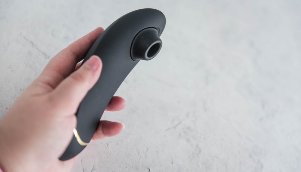 A hand grasps the Womanizer Premium to show how it fits into a hand