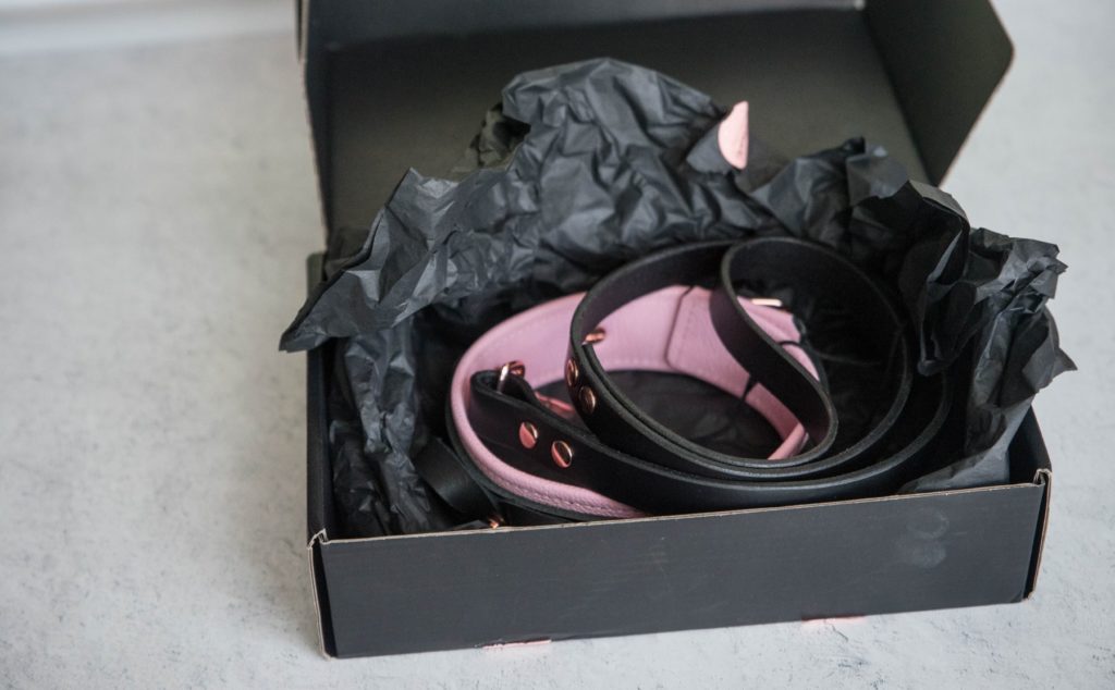 The pink collar sits inside of a plain, black cardboard box, lightly padded with black tissue paper. Mercy Industries Collar Review image.