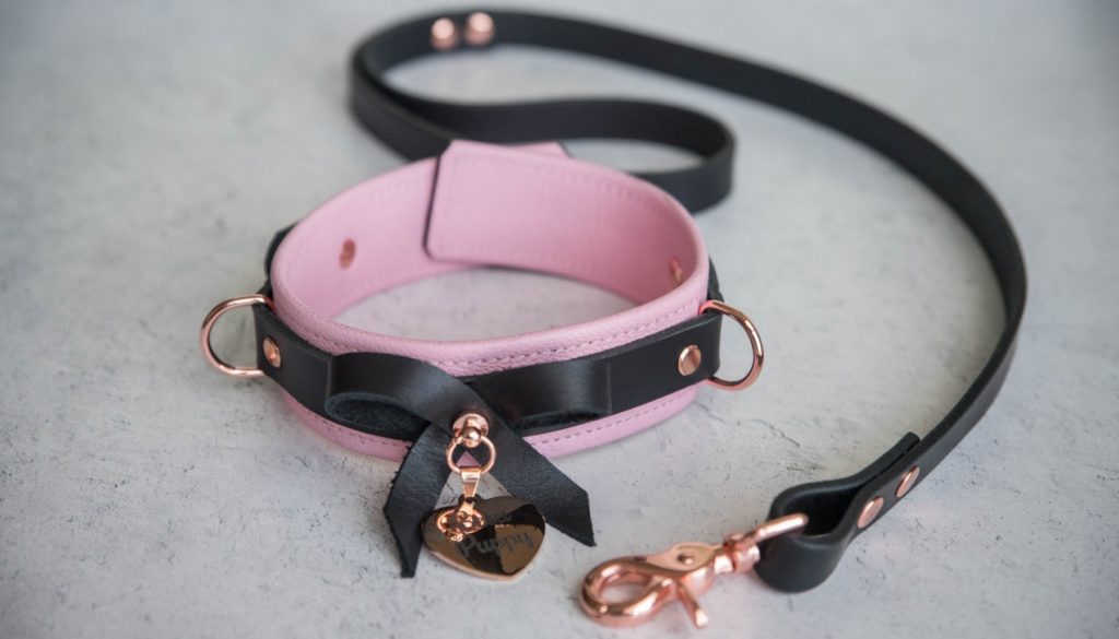 Close-up of the collar tag and leather bow on the front of the pink collar. This showcases the clean engraving on the collar tag that is written: "Beta Puppy". Mercy Industries Collar Review image.