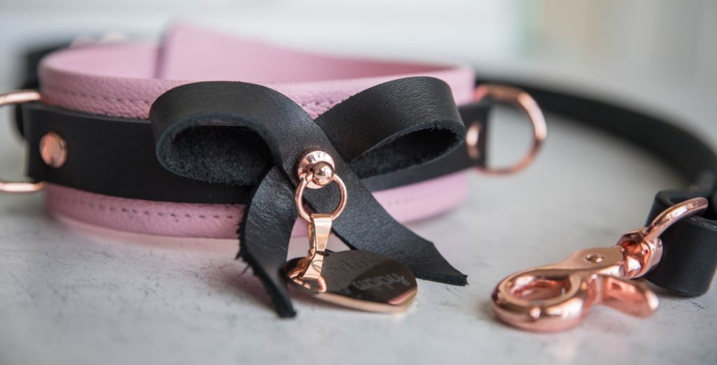 Close-up of the leather bow on the front of the pink collar. The soft leather pieces can be easily viewed. This close-up also shows the small, dainty O-ring clip that the charm hangs from. The leash clip in the corner clearly does not fit on this O-ring. Mercy Industries Collar Review image.