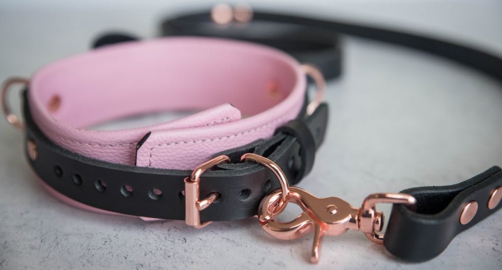 The included, matching leash is clipped onto the back D-ring on the pink collar. The two side D-rings can be seen in the background. This angle showcases that the leash attaches in the back with space to spare. Mercy Industries Collar Review image.