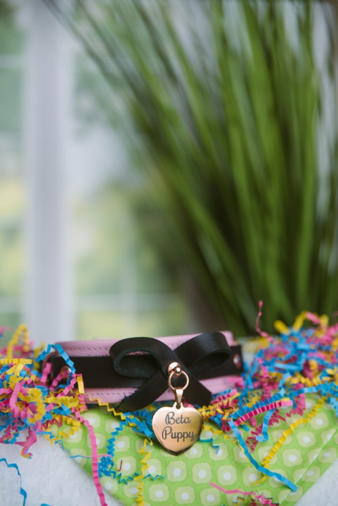 The Pink Mercy Industries Collar sits on top of a bed of colorful, bright confetti. It contrasts beautifully with the green plant and window view in the background. The charm on the front of the pink leather collar (with a black leather bow!) reads "Beta Puppy".
