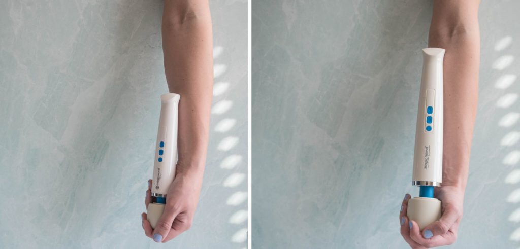 A hand in front of a blue background is gripping a vibrator to show the length of the vibrators with two images side-by-side. On the left-side, the hand is gripping the Magic Wand Mini - which is nowhere near the person's elbow. On the right, the hand is gripping the Magic Wand Rechargeable which is long enough to come up to the elbow.