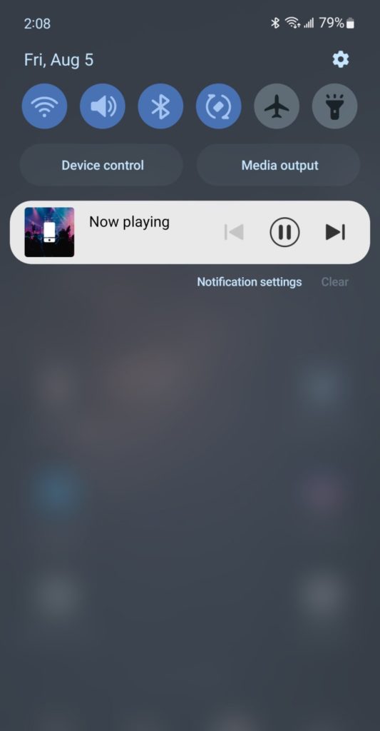 Screenshot of my phone's notifications dropdown. A basic music player is my only notification that states "Now Playing" with a pause, next track, and previous track option. This is actually, secretly, controlling the Gush it's attached to. Screenshot for my Lovense Gush review.