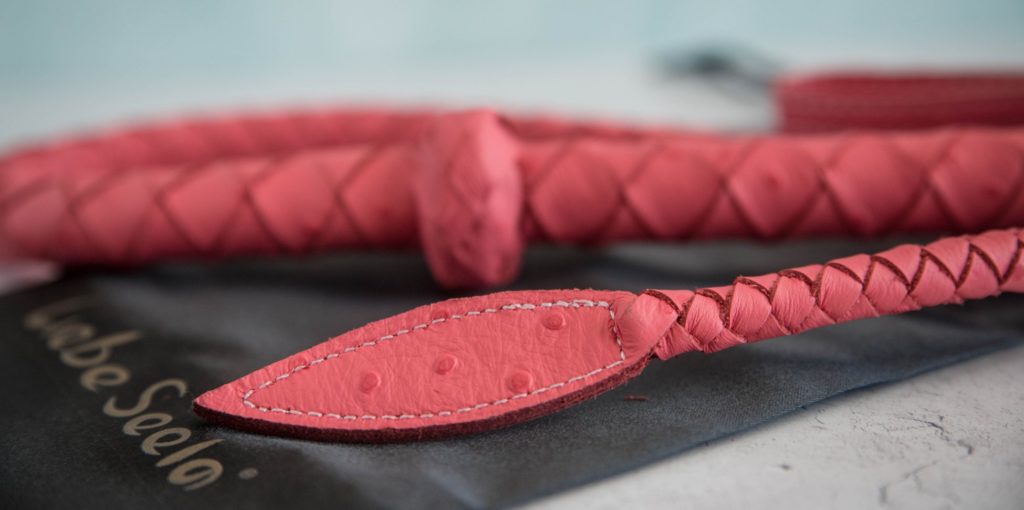 Close-up of the tip of the Angel's Kiss Whip. This showcases the texture and design of the leather used for the tip as well as the sewn-in design of the tip. Image for Liebe Seele Angel's Kiss Bullwhip review.