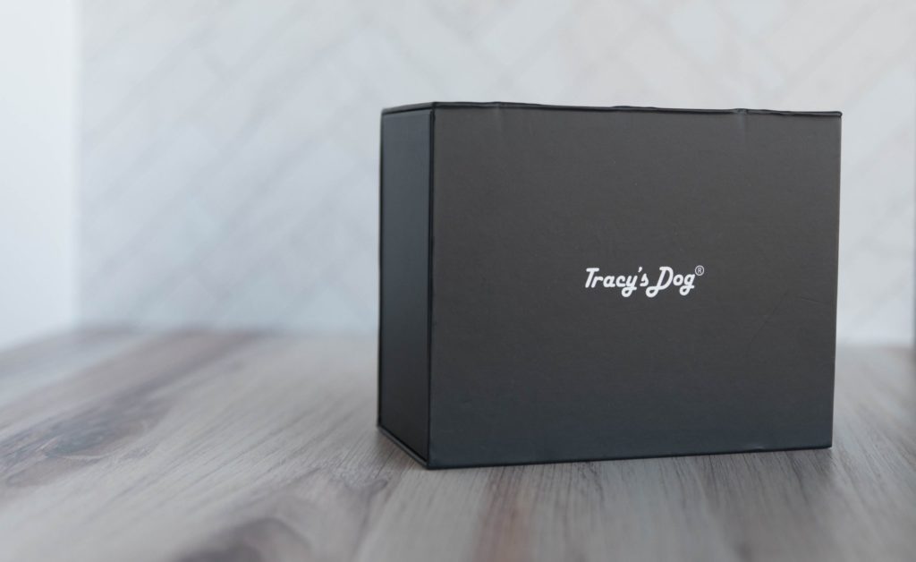 Packaging of the Tracy's Dog OG Flow. It's a plain black box with the cursive words "Tracy's Dog" written on the top in silver. For my Tracy's Dog OG Flow review.