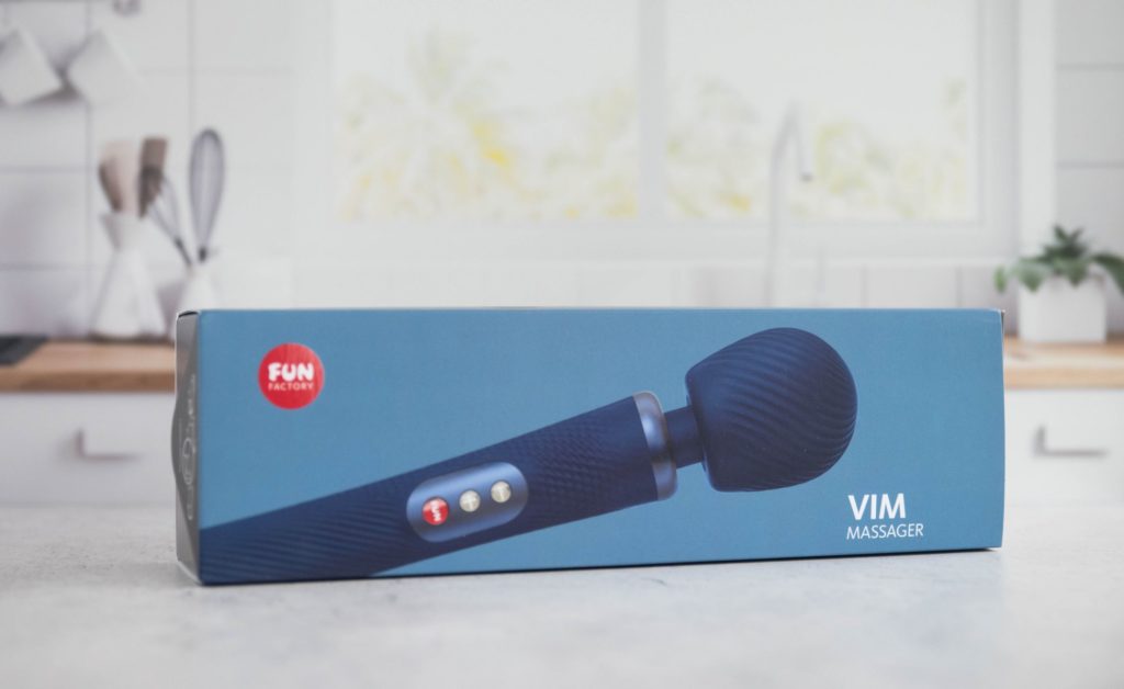Packaging of the wand massager. It's a long, rectangular, blue box with the VIM pictured on the outside. For my Fun Factory VIM review.