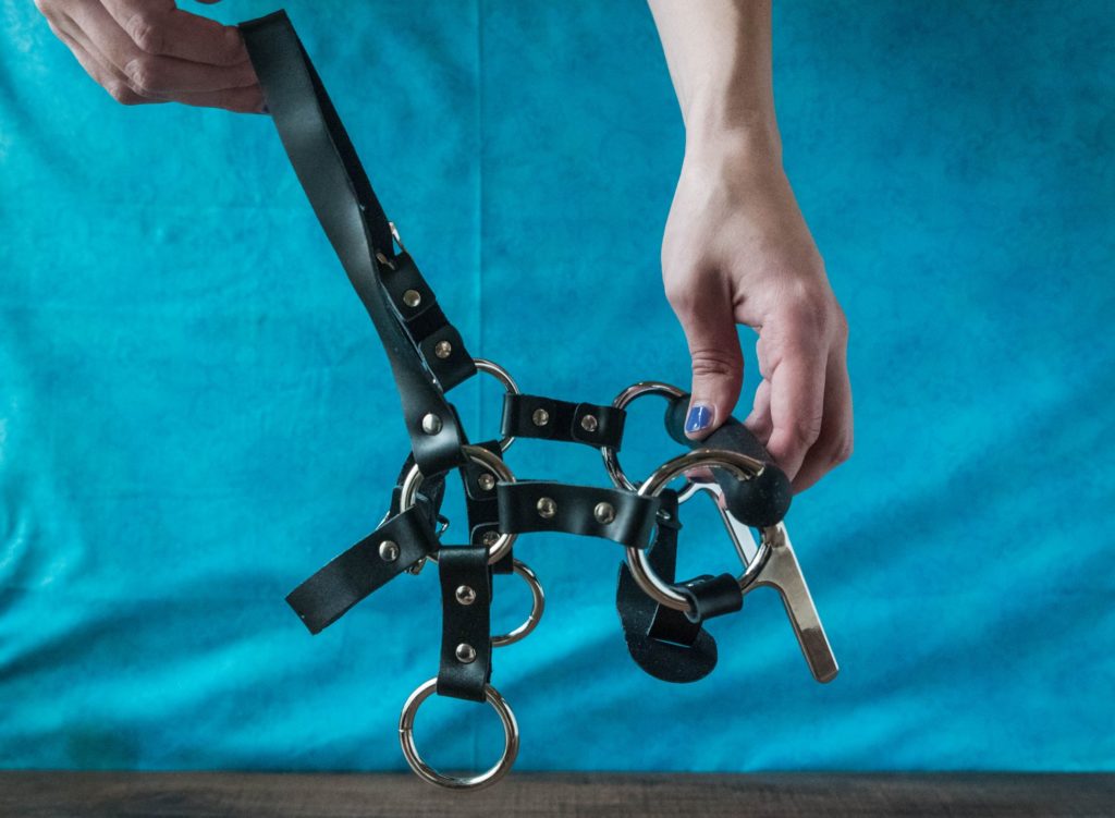 Two hands hold the harness in front of a blue background. The hands hold it in a way that showcases how it would fit on a head. The harness has two back-of-head straps as well as two O-rings for reins and two O-rings that support the silicone bit. Meo.de Pony Bridle Head Harness review.