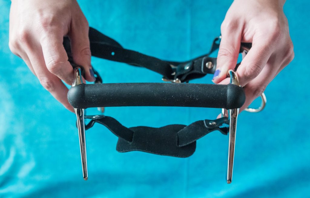 Two hands hold the silicone bit portion of the gag close to the camera. It's covered in lint, but it looks flexible and bendable for the teeth. It looks very slim - about the width of a finger. For my Meo.de Pony Bridle Head Harness review.