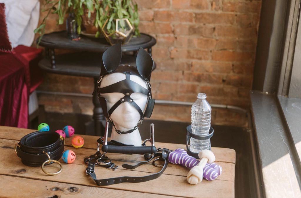 A wooden table sits in front of a brick wall. On the table is a large assortment of different pet play accessories including a pony play hood, a holder for water bottles, squeaky toys, a mouth gag, cat toys, a collar, and a bone. Image for my Gear to Make Your BDSM Pet Play More Realistic article.