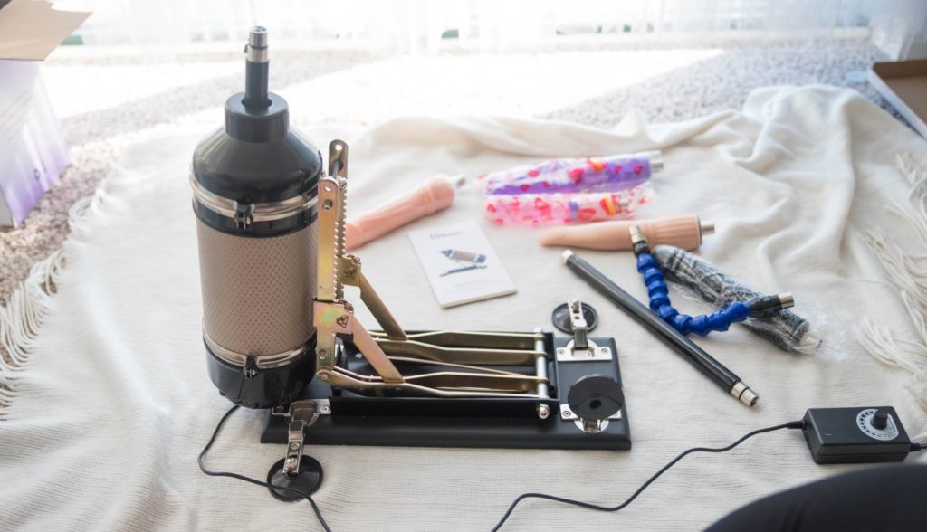 The sex machine is positioned upright to showcase the included "adjustable angle" design that the sex machine has. It's almost pointing 90-degrees upright. For Hismith Sex Machine Review 3XLR version.