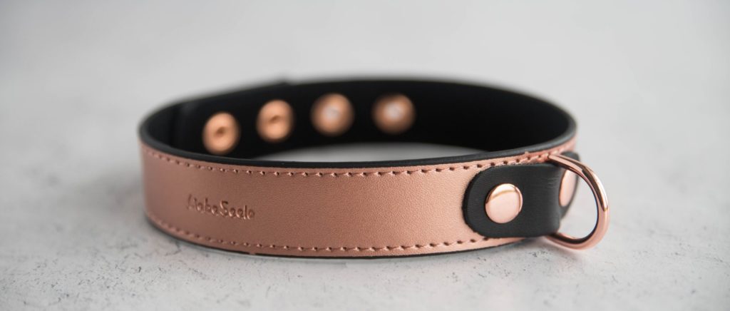 Close-up of the single D-ring on the rose gold collar. The D-ring is protruding far away from the collar itself, and the two rivets that hold it in place match the rose gold hardware. This angle makes it clear that the collar is relatively thin, lightweight, and easy to manuever as well.