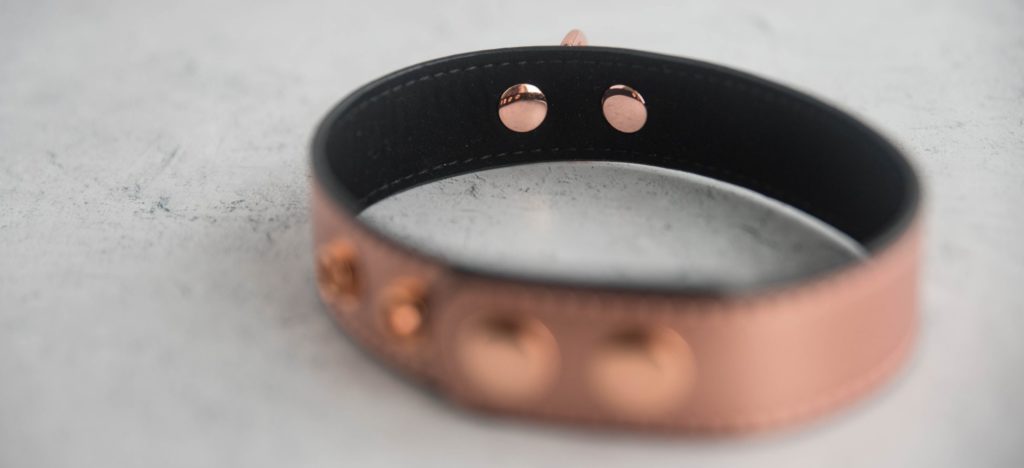 Close-up of the rivets that are on the inside of the collar. They can be felt on the skin of the neck while wearing them. The collar looks thin and lightweight from this angle as well. For my Liebe Seele Rose Gold Memory Collar with Nipple Clamps Review.
