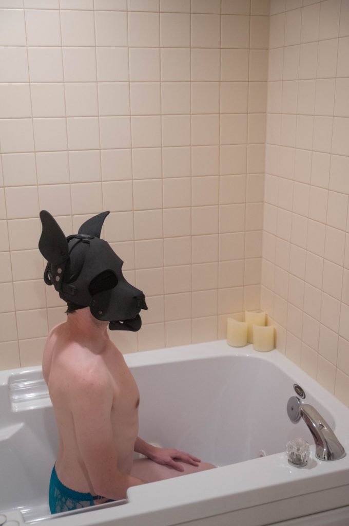 A person in lacey, lingerie panties sits in a bathtub. They're wearing a puppy hood, looking like they're waiting for a bath from their owner. Image for pet play scene ideas article.