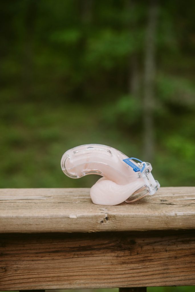 A flaccid packing dildo sitting on a wooden railing. It's encased in a plastic, see-through cock cage that's locked by a disposable, cut-off blue plastic lock.