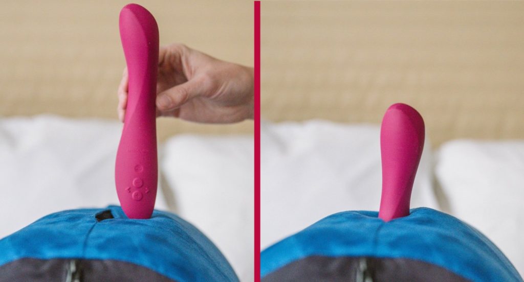 Two images side by side. On the left, a vibrator without a flared base is held up next to the Liberator BonBon sex toy, showcasing its full length. On the right, the vibrator has been inserted into the Bon Bon, showing that it lost about half of its full insertable length by being inserted into the BonBon.
