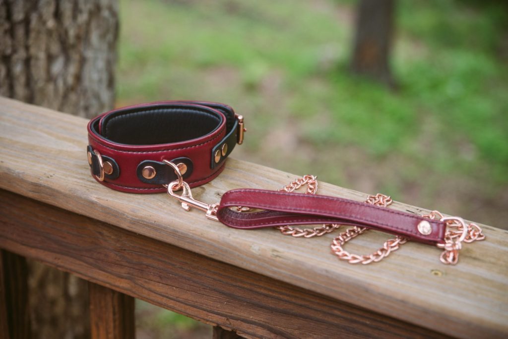 The red collar and leash are laying out on the edge of a wooden banister, in front of green grass and the trunk of a tree. Image for my Noblesse BDSM Leather Collar with Leash review.