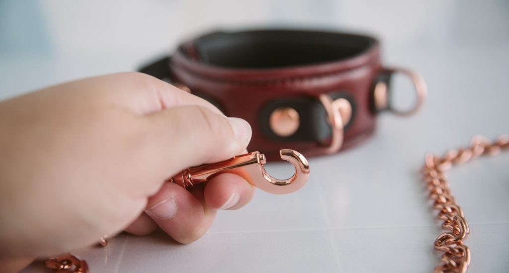 Close-up of my hand opening the clip on the end of the included leash. The clip looks small in my hand, but it opens up almost entirely to allow it to fit easily onto the D-rings of the collar.