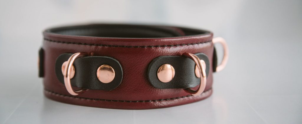 Close-up of the rivets and the surrounding leather that holds the D-rings in place. This angle showcases their hardiness and their thickness as well as the flexibility in the D-rings themselves that allows the ring to protrude or fold flat up against the collar.