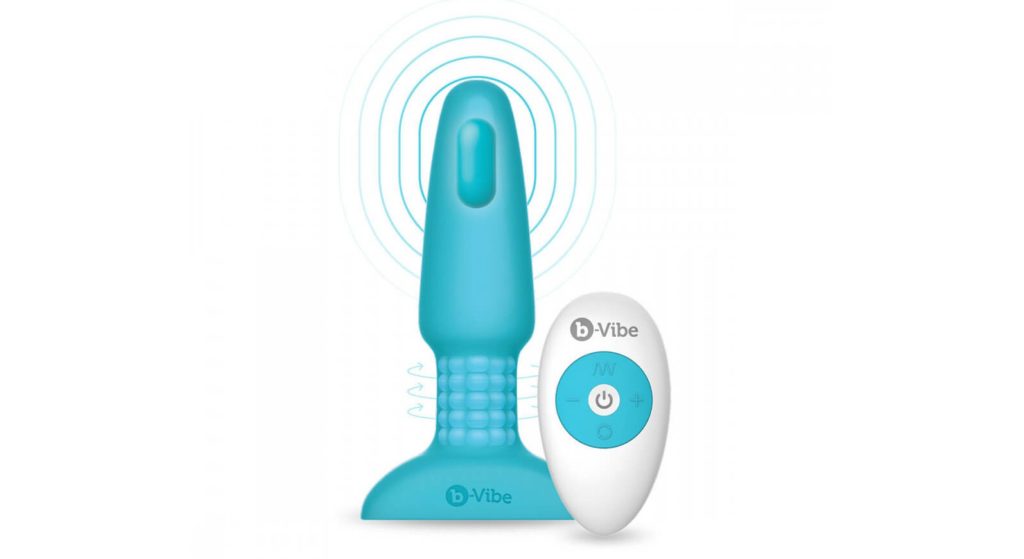 The b-Vibe Rimming Plug 2 against a white background. A partially "see-through" illustrated design allows the viewer to see the vibration motor in the tip and the rotating beads contained in the retention shaft.