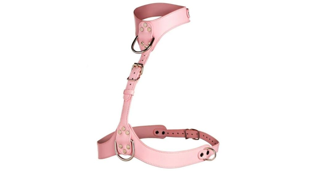 The Master Series Vixen chest harness in front of a plain white background. It just hangs in free space to showcase how it fits.