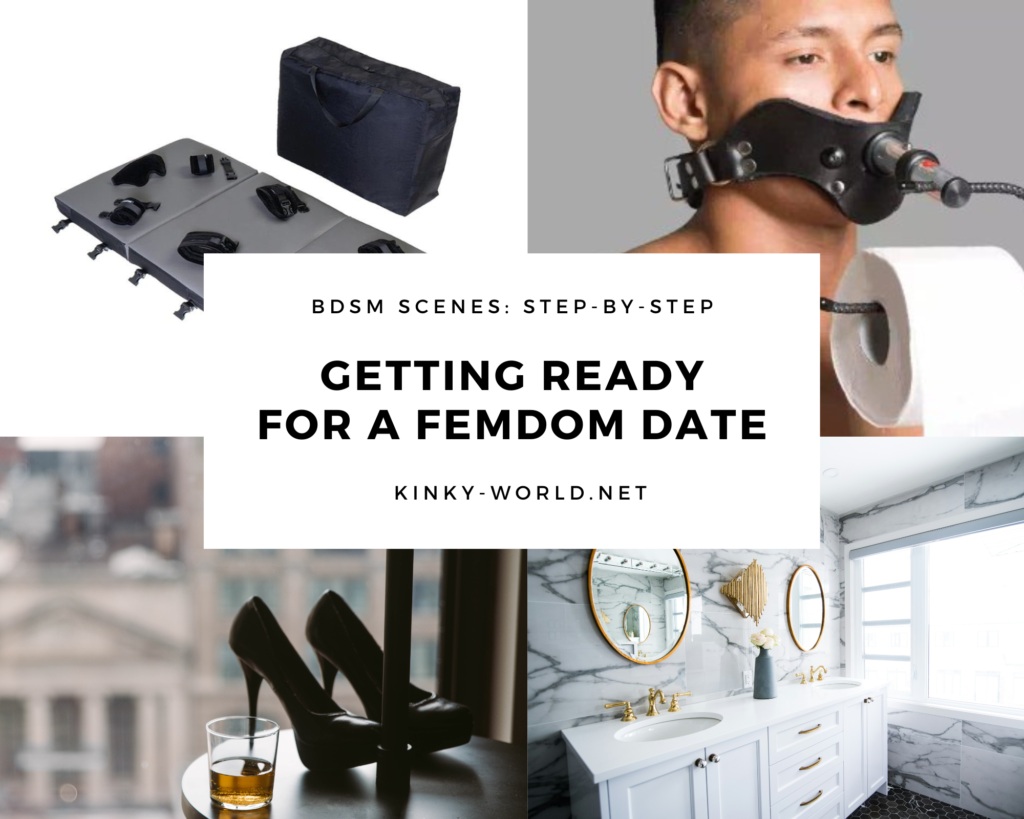 Feature image for my BDSM Scenes Getting Ready for a Femdom Date scene outline. A collage image shows a bondage board, a mouth gag with toilet paper holder, a pair of sexy high heels, and an unscale bathroom vanity.