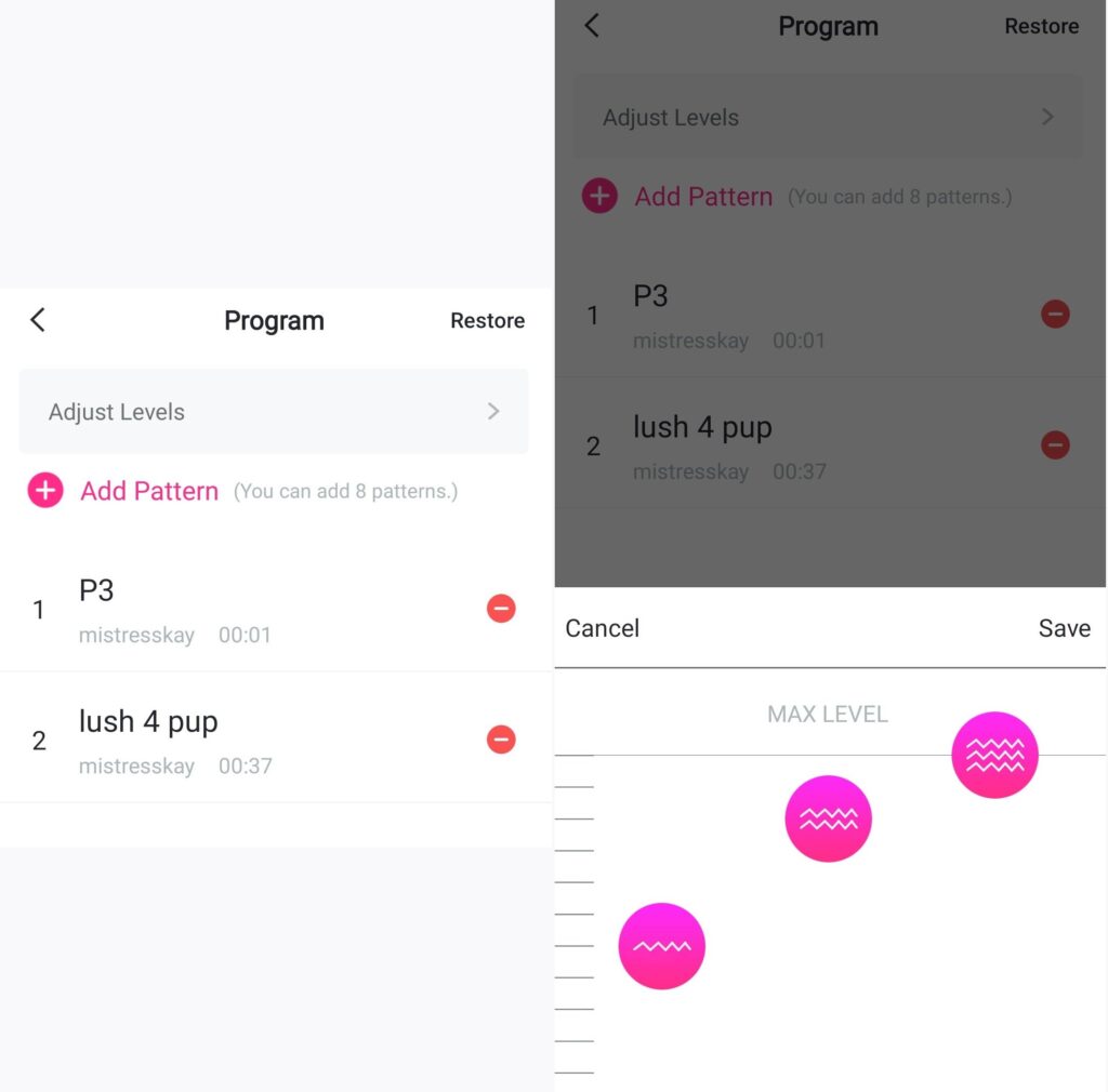 A screenshot of the Lovense phone app. These two side-by-side screenshots show the custom pattern functionality that allows you to program 8 vibration patterns onto the Edge 2 to expand its functionality.