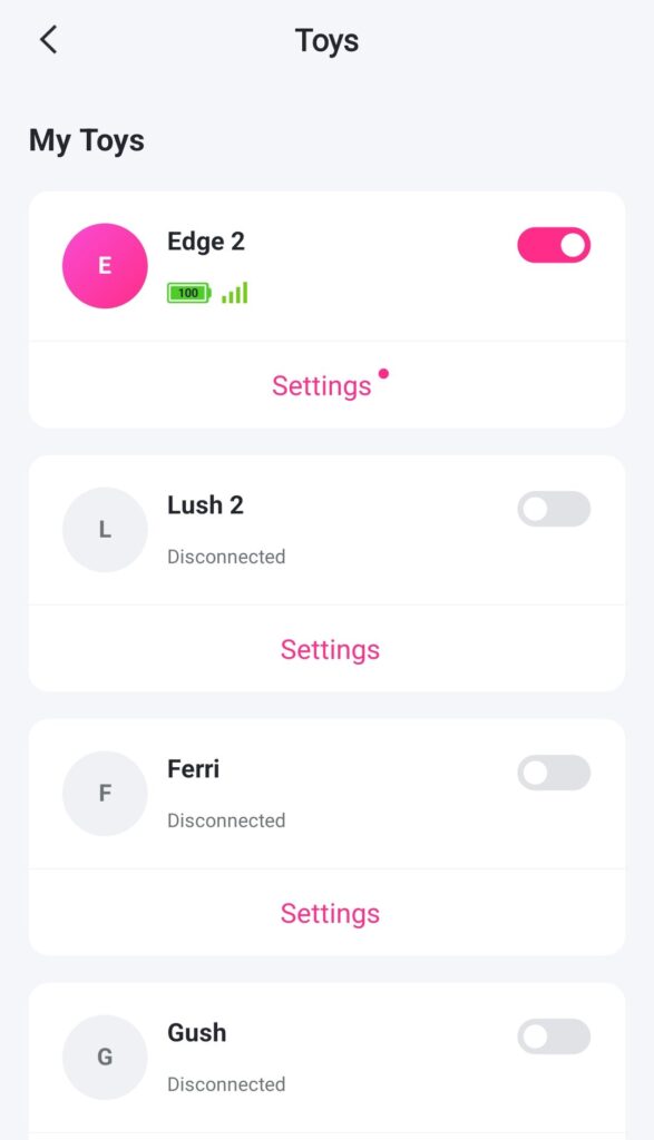 A screenshot of the Lovense phone app. This screen is the toy connect screen, showcasing how all toys can easily be toggled on and off to work all-together if you want.