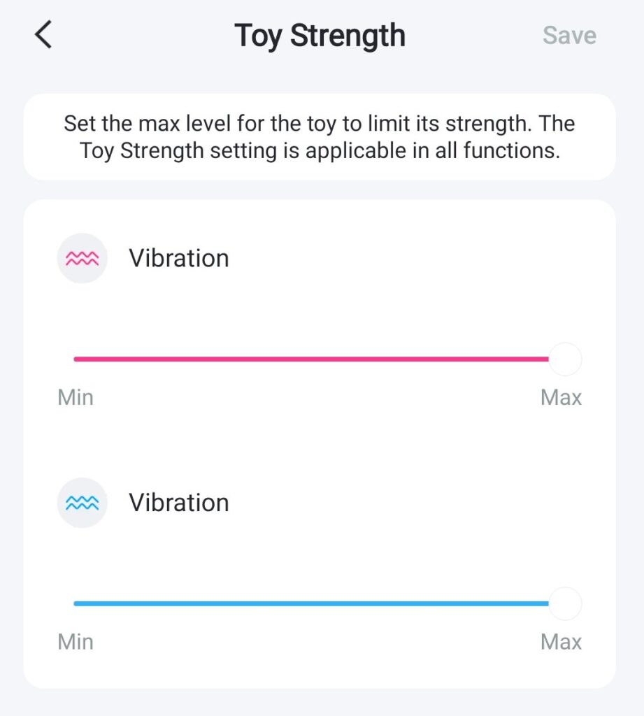 A screenshot of the Lovense phone app. This toy strength screen allows you to adjust the maximum and minimum strength of all of the individual motors on the toy itself.