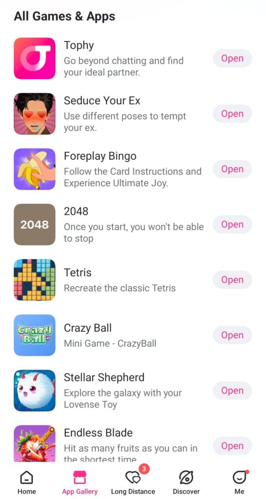 A screenshot of the Lovense phone app. This is the game market that shows the in-app games that can be used alongside the toy's sensations.