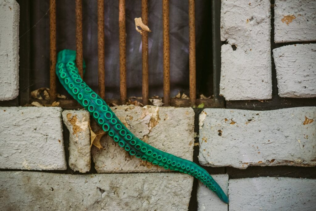 The Alla tentacle is peeking out from between metal bars on a scary-looking outdoor building. Spider webs are all over with leaves hanging on the webs. For my Nothosaur Alla review.