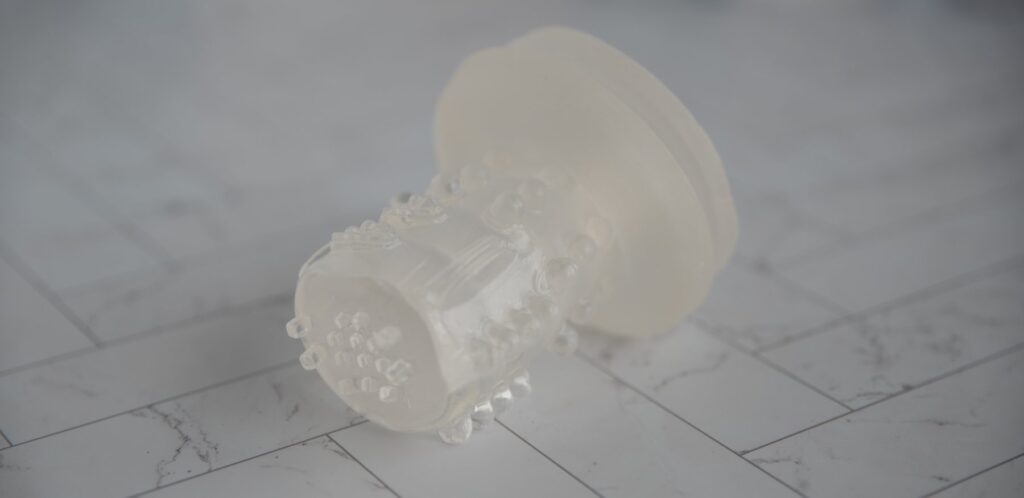 The TPE sleeve shown all by itself, flipped inside out. This showcases the texture inside the stroker for your pleasure.