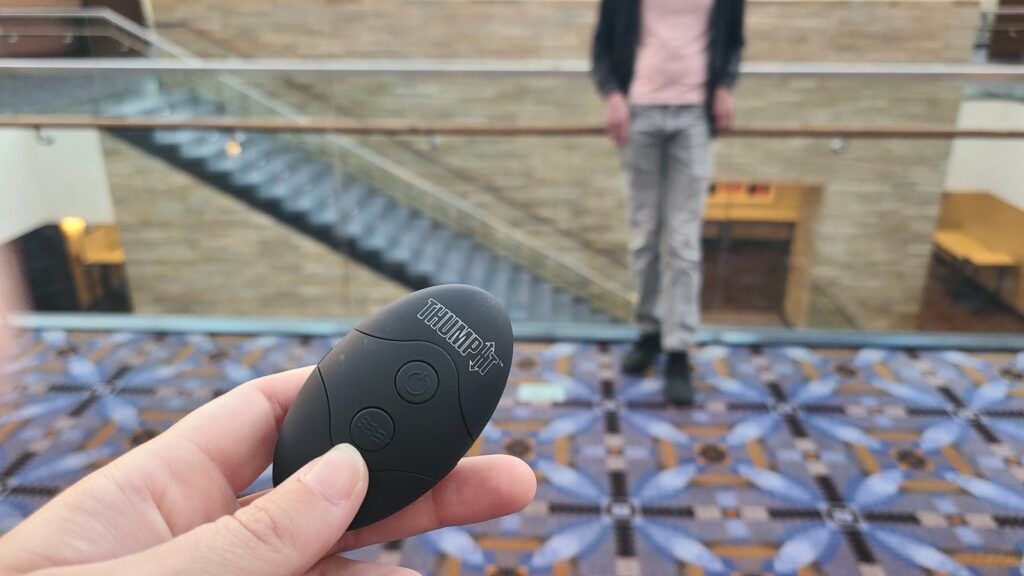 Close-up on a sex toy remote control which is held in my hand. It's pointing at the crotch of my submissive who is standing in the background of the shot in the middle of a conference center. Article for my scenes for public femdom teasing article.