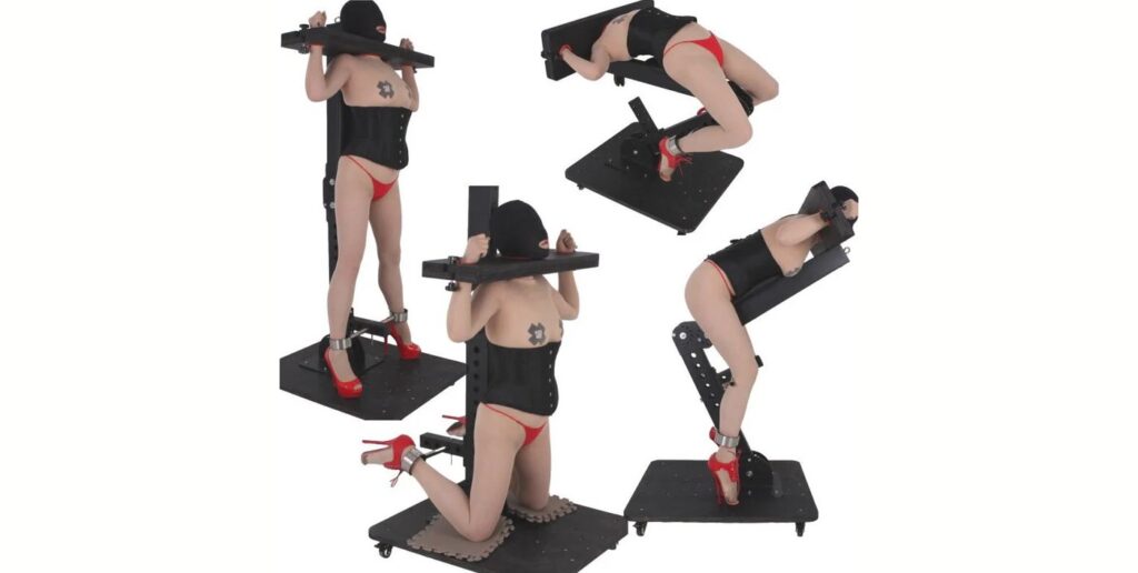 Collage of four images showcases some of the positions that this pillory stockade can be placed into. There are some of them standing, some kneeling, some bent over onto their tummy, and some laying backwards with their tummy to the ceiling. 