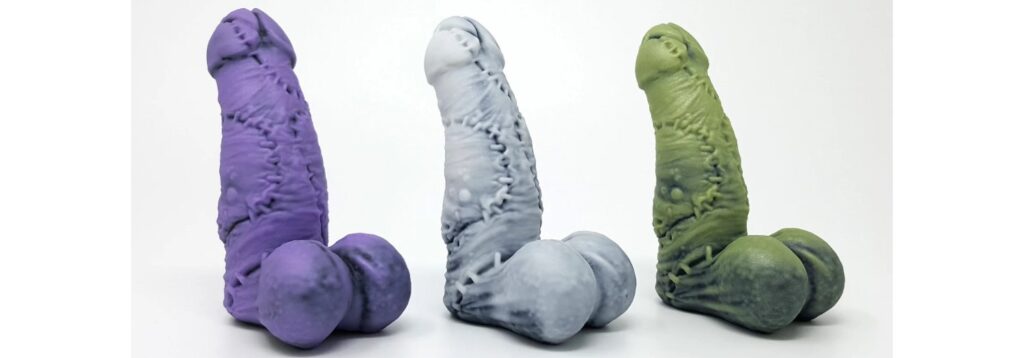3 Lust Arts Frank's Monsters dildos shown in a line. For my Unique Gore Sex Toys article.