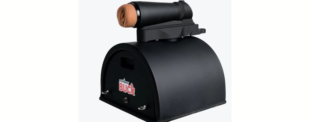 A Doc Johnson Main Squeeze stroker strapped onto the top of a Motorbunny by use of the attachment