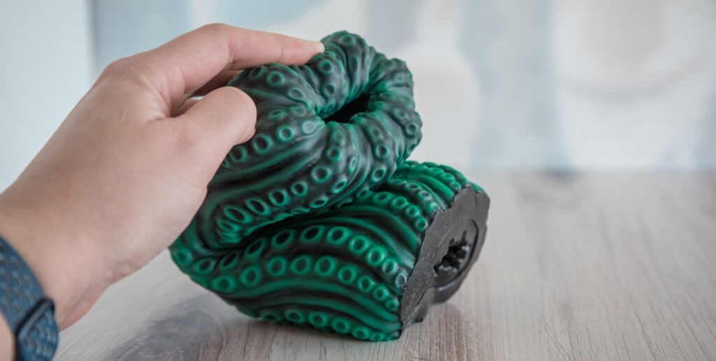 The stroker is pushed firmly into the ground underneath it, allowing the stroker to fold entirely in half. The stroker is very, very flexible. For my Nothosaur Vortima review.