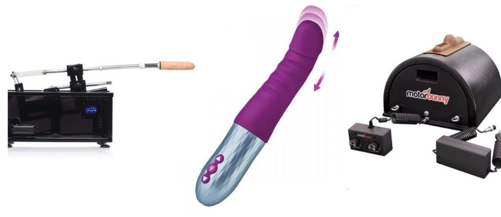A sex machine is shown next to a thrusting dildo and a saddle vibrator machine for comparison purposes. For my Are Sex Machines Worth It? article.