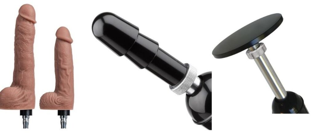 Three types of sex machine dildo connectors shown. There's proprietary dildos with unique bases built into them, a Vac-U-Lock dildo post, and a flat surface that allows any suction cup to adhere to it. 