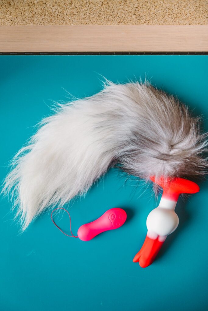 The plug, with tail attached, sits in front of a blue background. The bright pink remote sits nearby. The colors are very vibrant, and the tail looks extremely soft. For my Juliet Toys Echo review.