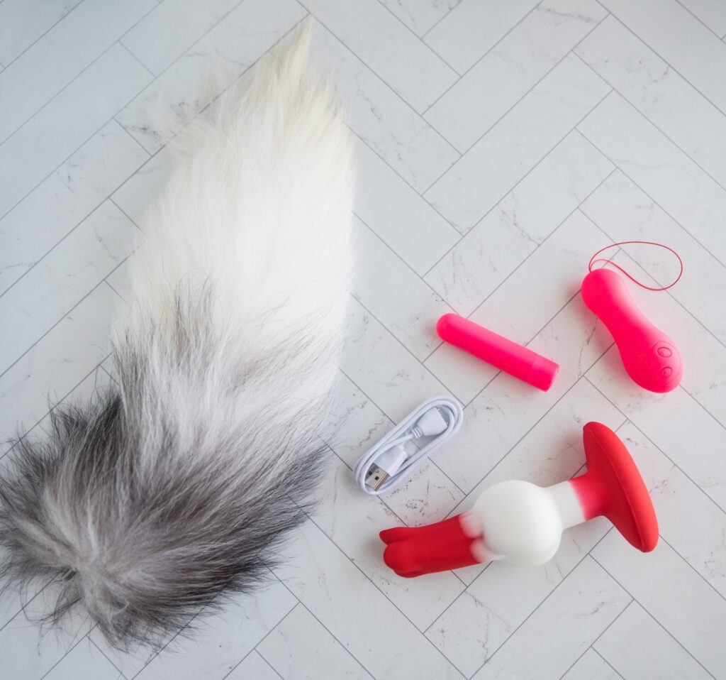 All items for the Juliet Toys Echo are sitting out on a tiled background. There's the tail, the charging cord, the pink bullet vibrator, the pink remote control for the vibrator, and the butt plug itself. For my Juliet Toys Echo review.