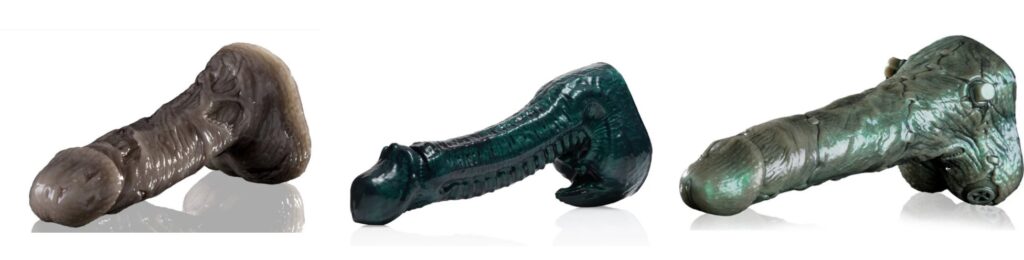 Three Fleshlight Freaks Fantasy dildos shown next to each other in front of a white background. For my gore sex toys article.