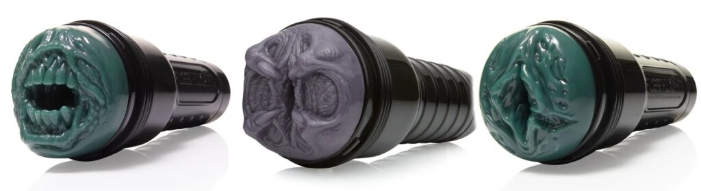 Three Fleshlight Freaks Fantasy strokers shown next to each other in front of a white background. For my gore sex toys article.
