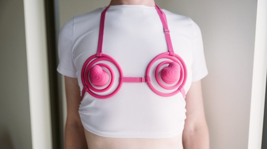 A person wears the Vkini over a white shirt, showcasing how the Vkini fits on the body. The front view shows where the cups lie if they're as tightly together as possible. For my VVD Vkini review.