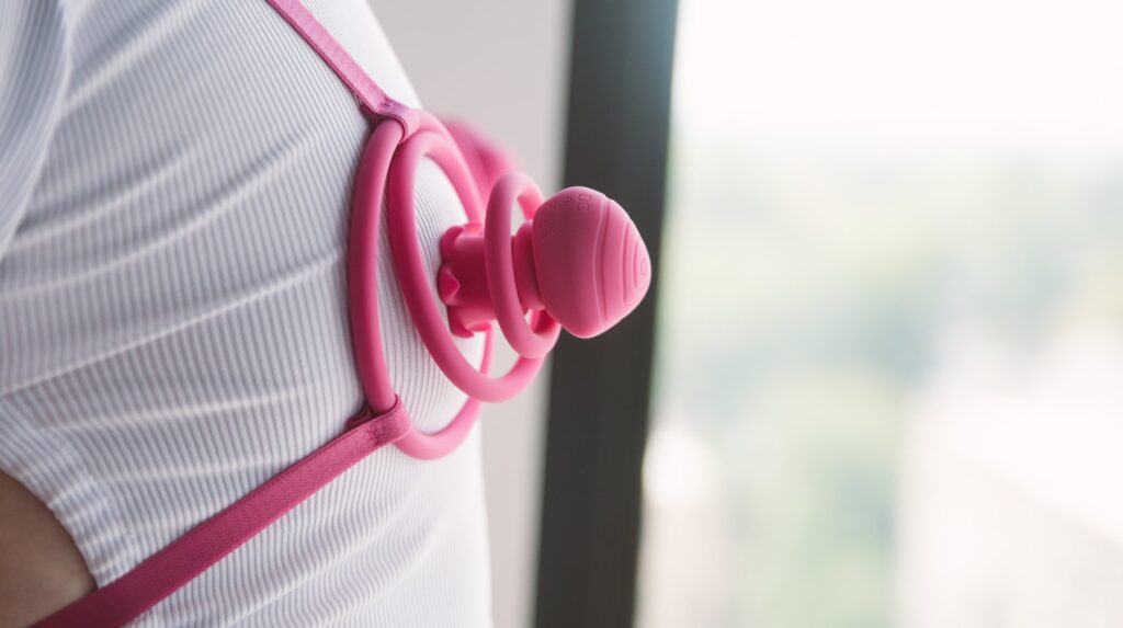 A person wears the Vkini over a white shirt, showcasing how the Vkini fits on the body. Side view shows how far the Vkini vibrators protrude away from the chest while worn. For my VVD Vkini review.